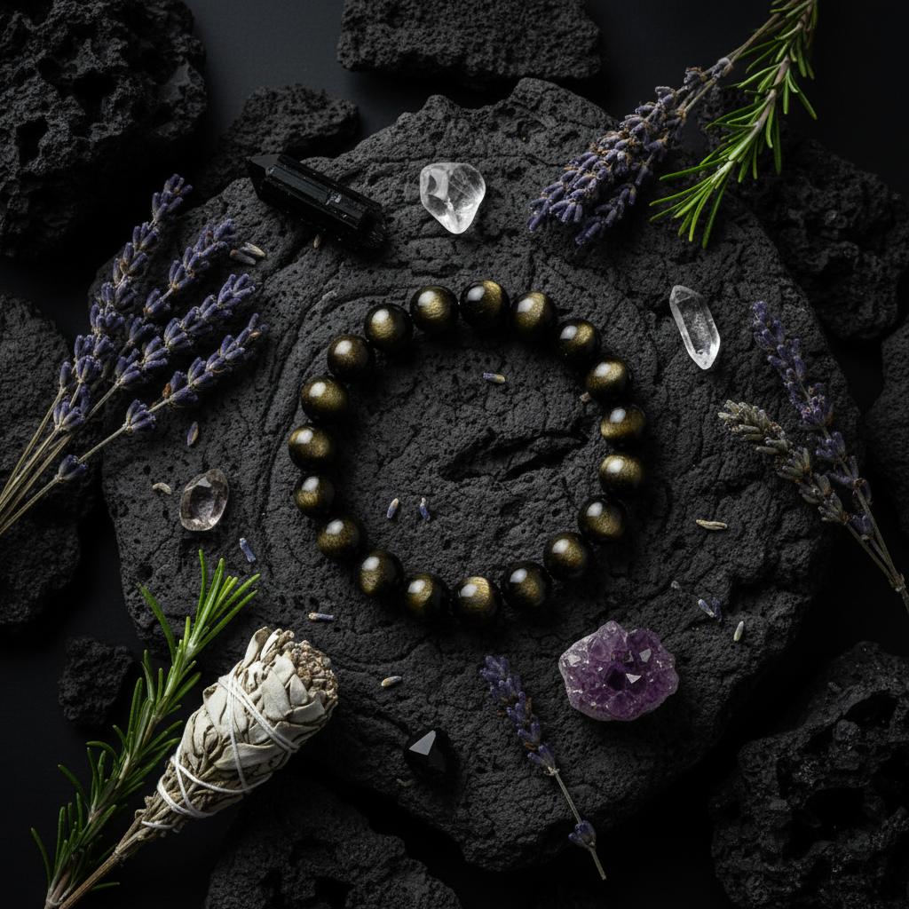 黑曜石手串平铺俯拍