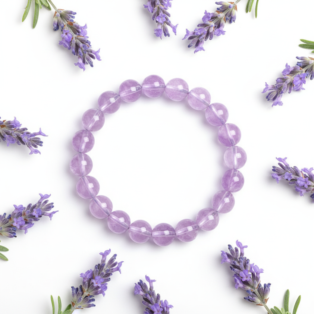 Amethyst crystal bracelet flat lay with lavender flowers