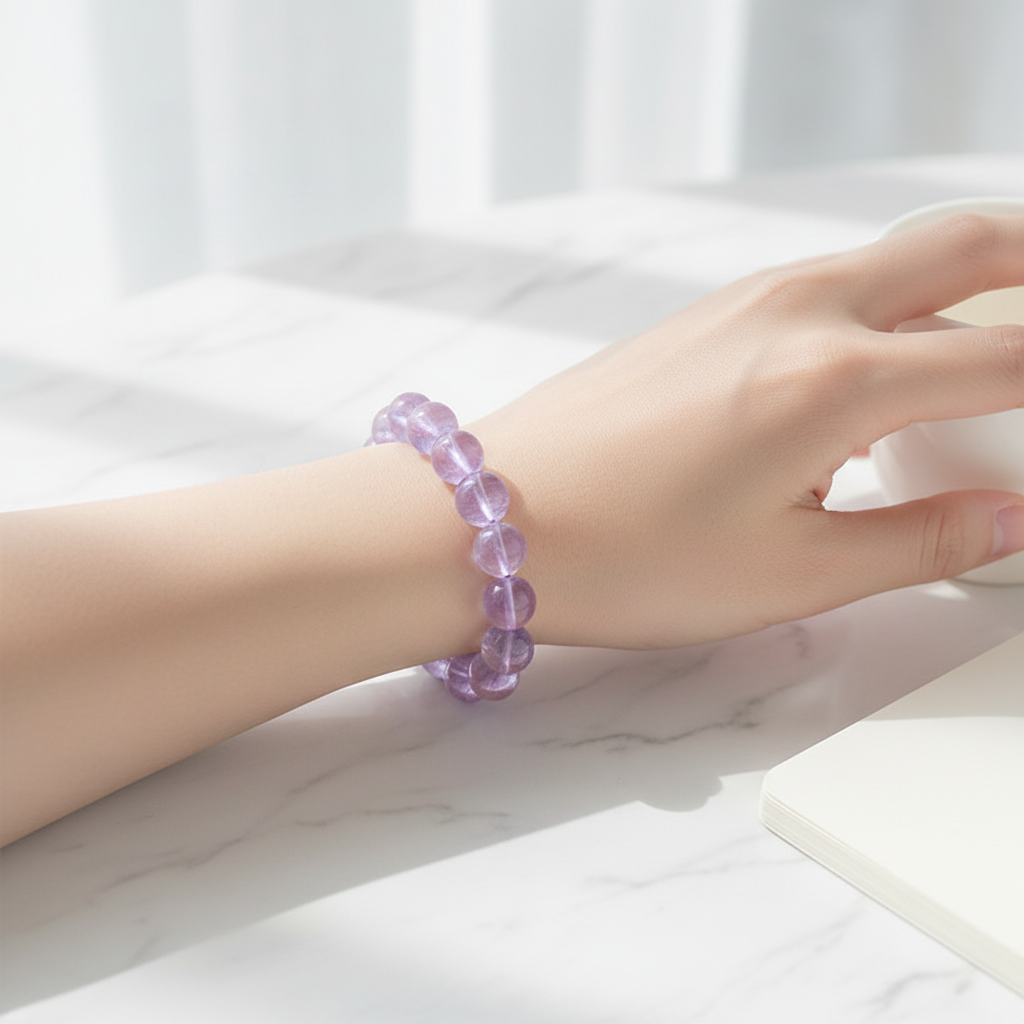 Amethyst crystal bracelet worn on wrist lifestyle photo
